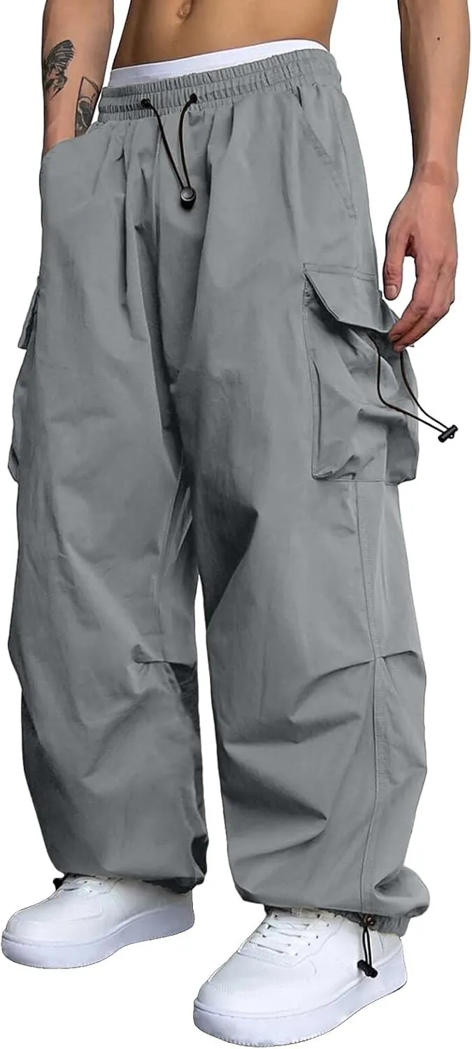 Baggy Cargo Pants for Men Fashion Casual Parachute Pants Elastic Waist Loose Fit Streetwear Trousers with Pockets