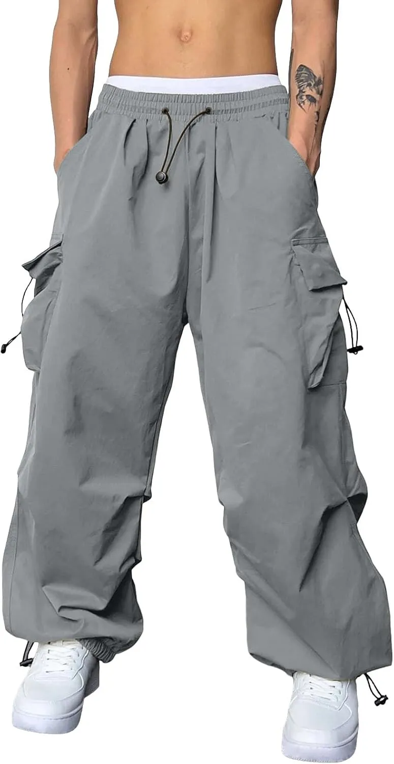 Baggy Cargo Pants for Men Fashion Casual Parachute Pants Elastic Waist Loose Fit Streetwear Trousers with Pockets