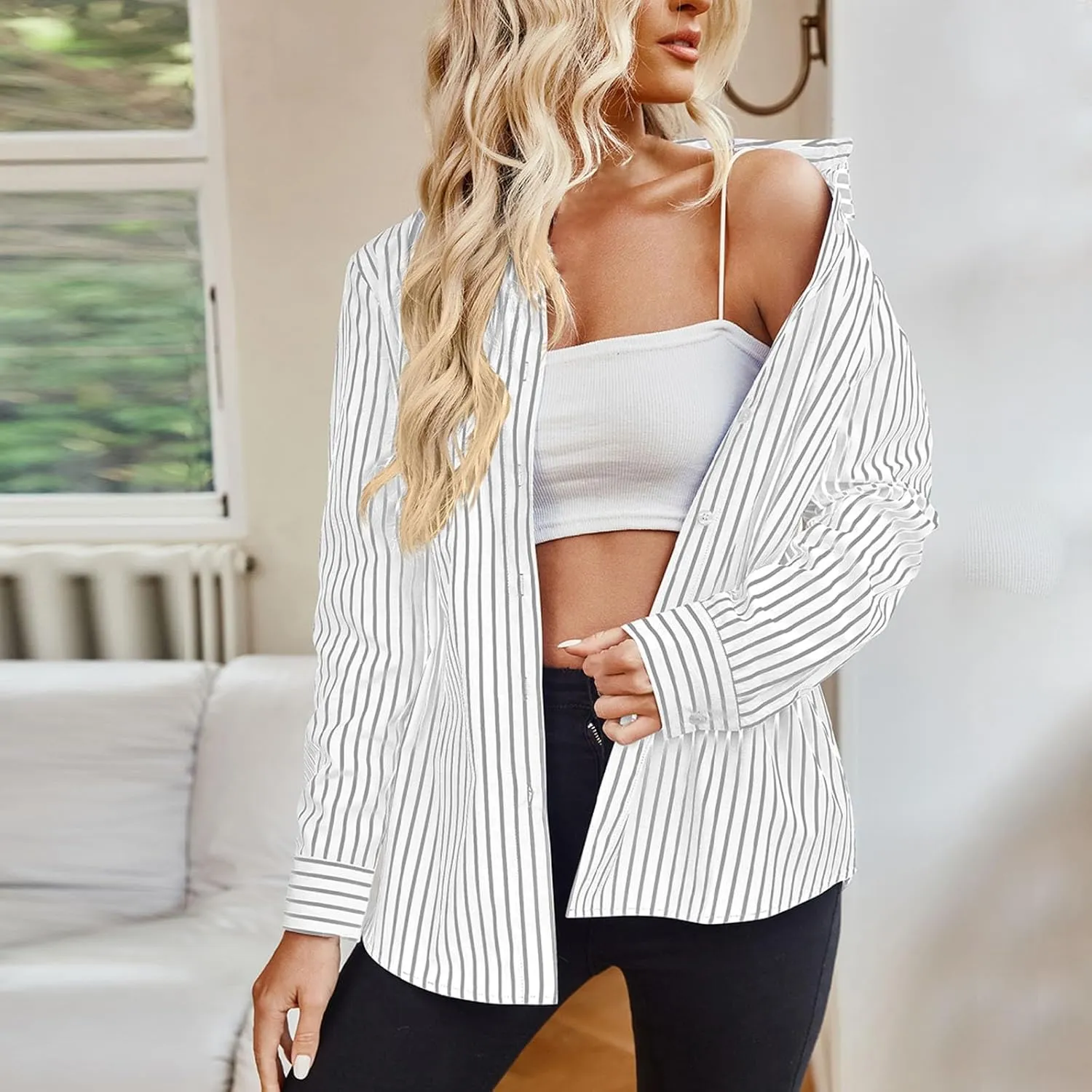 Button Down Shirts For Women Striped Dress Shirt 2025 Summer Long Sleeve Work Blouses Lightweight Sun Protection Tops