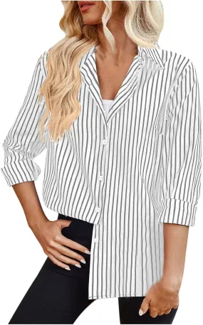 Button Down Shirts For Women Striped Dress Shirt 2025 Summer Long Sleeve Work Blouses Lightweight Sun Protection Tops