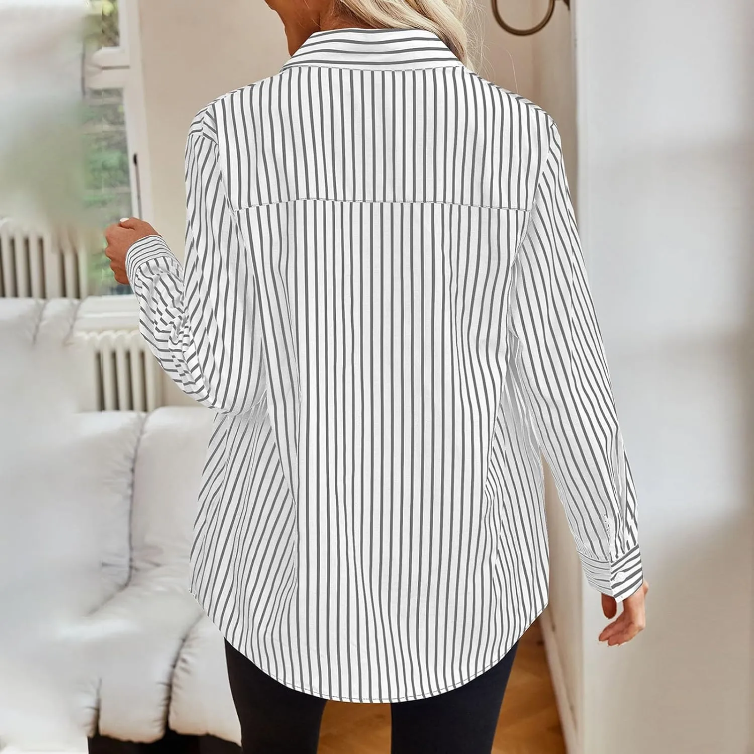 Button Down Shirts For Women Striped Dress Shirt 2025 Summer Long Sleeve Work Blouses Lightweight Sun Protection Tops