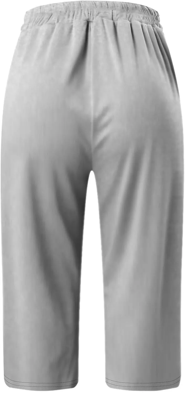 Capri Pants for Women Casual Summer Drawstring Shorts Elastic High Waist Casual Short Straight Leg Cropped Trouser