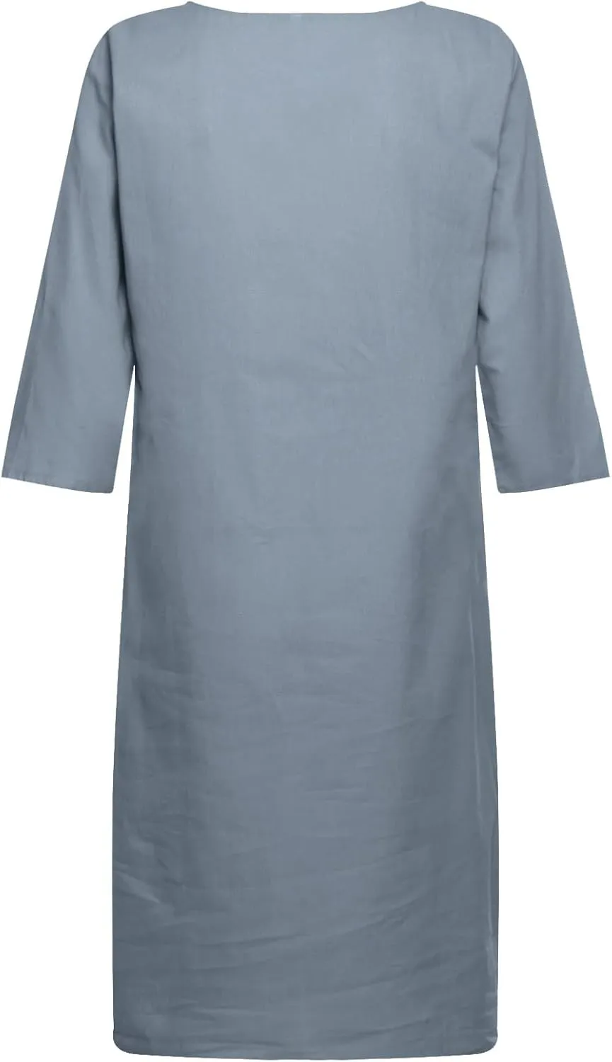 Casual Dresses for Women Cotton Linen V-Neck Half Sleeve Short Summer Dresses Elegant Solid Vintage Womens Dresses