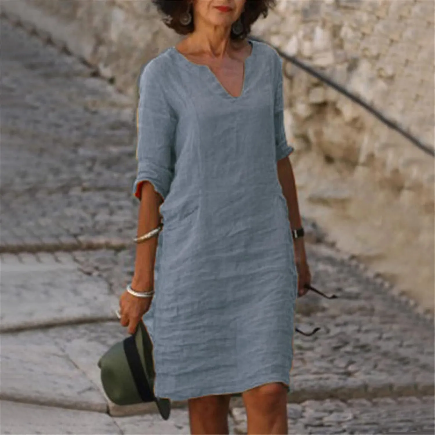 Casual Dresses for Women Cotton Linen V-Neck Half Sleeve Short Summer Dresses Elegant Solid Vintage Womens Dresses