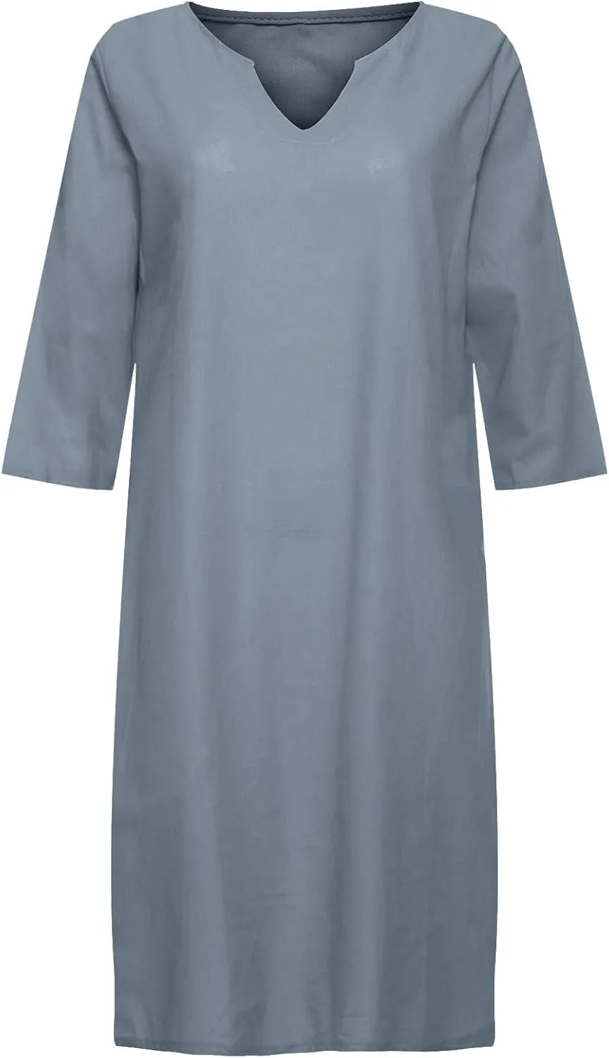 Casual Dresses for Women Cotton Linen V-Neck Half Sleeve Short Summer Dresses Elegant Solid Vintage Womens Dresses