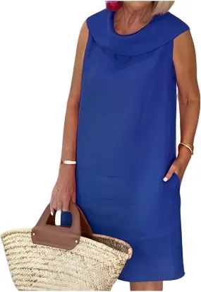 Cotton Linen Dress Women Summer Casual Midi Dresses for Women Sleeveless Dressy Elegant Turltneck Sundress Pockets