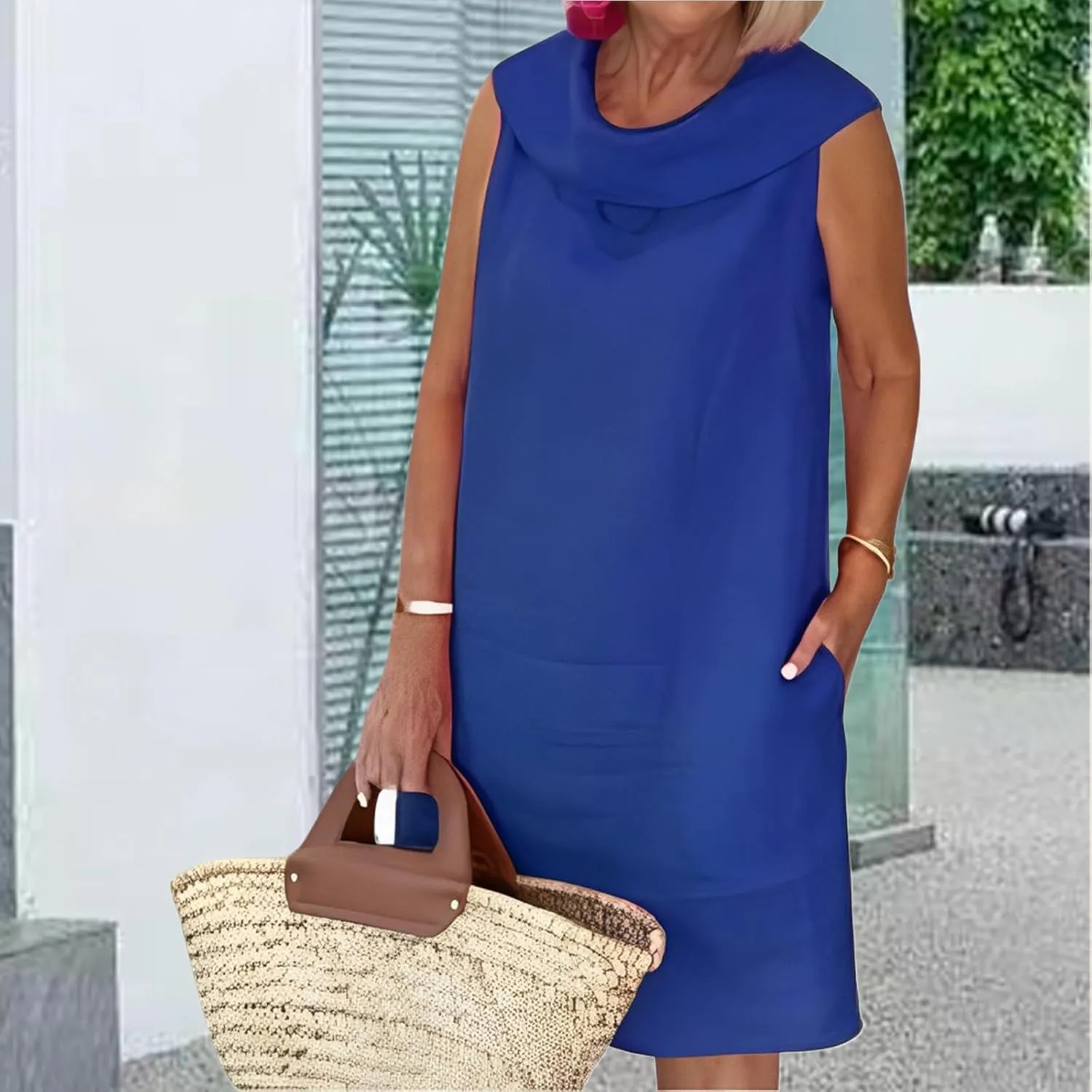 Cotton Linen Dress Women Summer Casual Midi Dresses for Women Sleeveless Dressy Elegant Turltneck Sundress Pockets