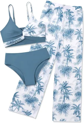 ESHOO Girls Swimsuit 3 Piece Bikini Bathing Suit Criss Cross Tropical Floral Swimwear Quick Dry Cover Up Pants 9-16Y