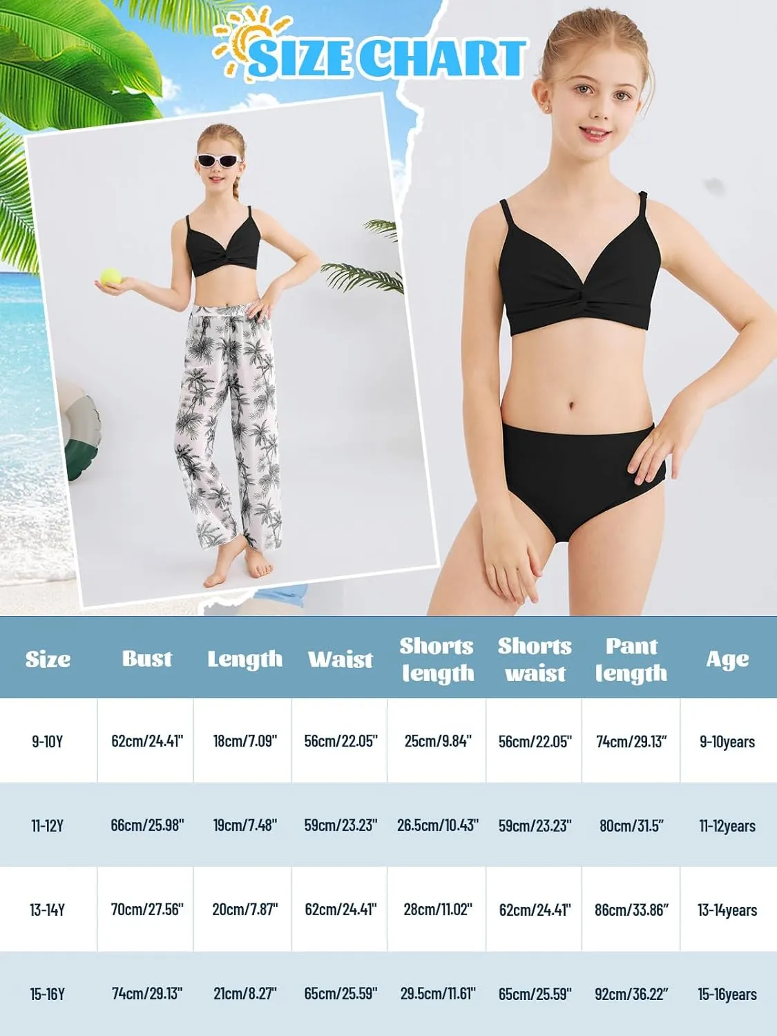 ESHOO Girls Swimsuit 3 Piece Bikini Bathing Suit Criss Cross Tropical Floral Swimwear Quick Dry Cover Up Pants 9-16Y