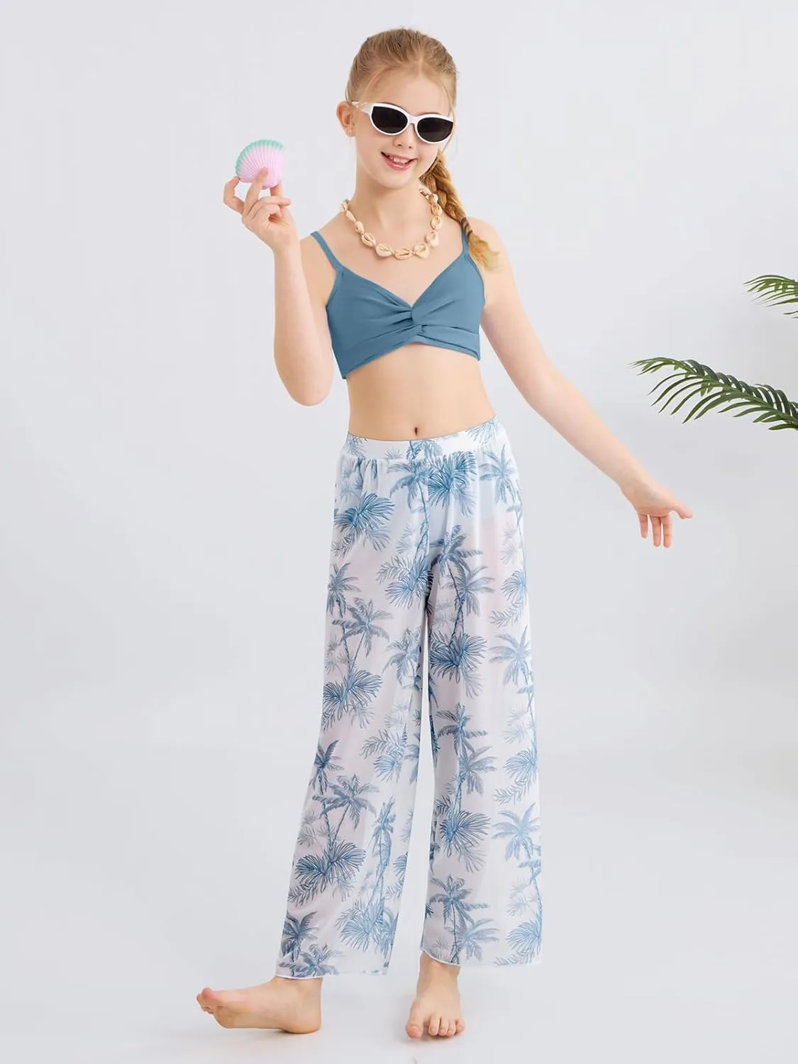 ESHOO Girls Swimsuit 3 Piece Bikini Bathing Suit Criss Cross Tropical Floral Swimwear Quick Dry Cover Up Pants 9-16Y