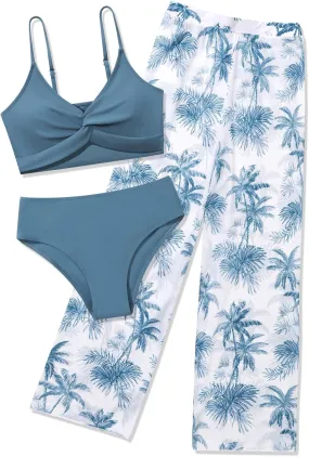 ESHOO Girls Swimsuit 3 Piece Bikini Bathing Suit Criss Cross Tropical Floral Swimwear Quick Dry Cover Up Pants 9-16Y