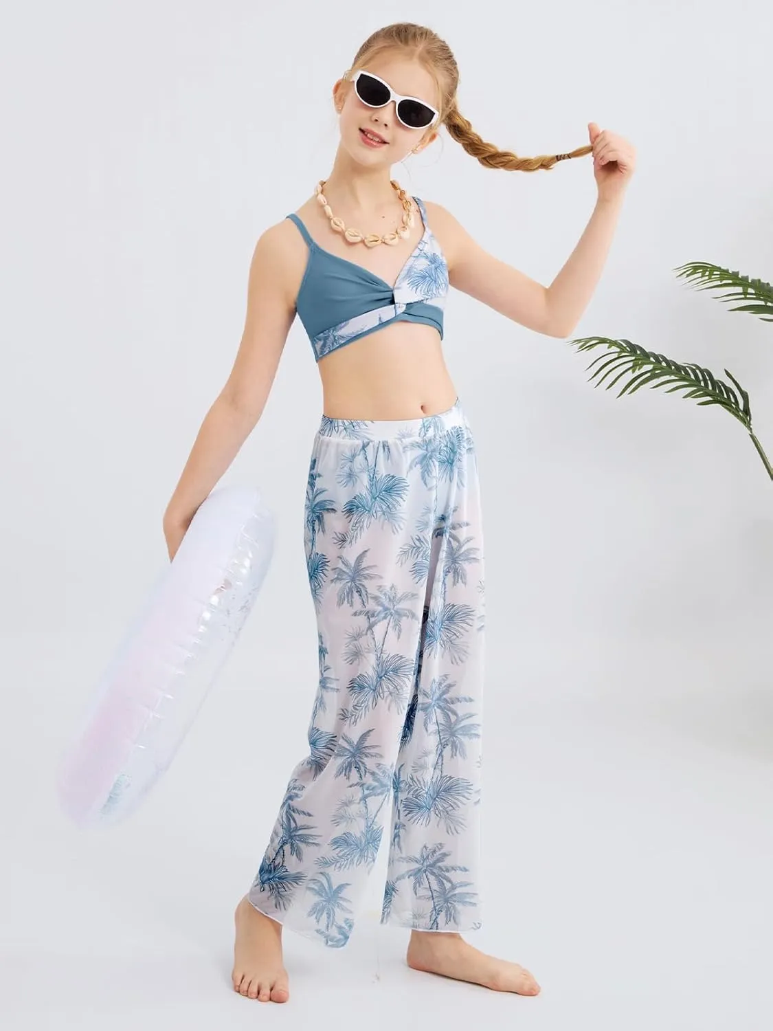 ESHOO Girls Swimsuit 3 Piece Bikini Bathing Suit Criss Cross Tropical Floral Swimwear Quick Dry Cover Up Pants 9-16Y