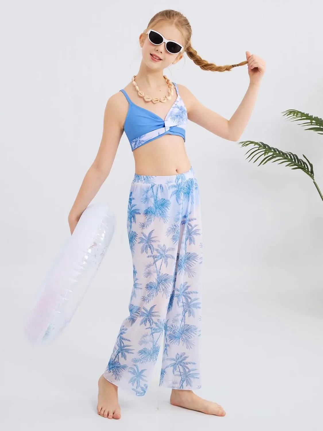 ESHOO Girls Swimsuit 3 Piece Bikini Bathing Suit Criss Cross Tropical Floral Swimwear Quick Dry Cover Up Pants 9-16Y