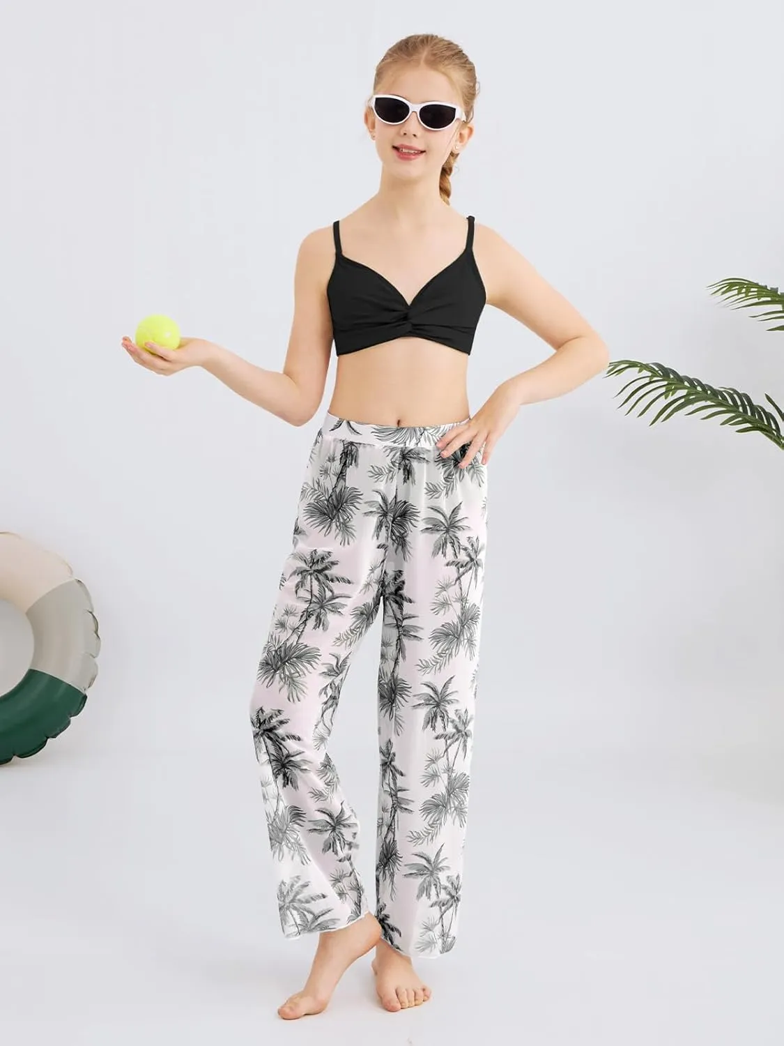 ESHOO Girls Swimsuit 3 Piece Bikini Bathing Suit Criss Cross Tropical Floral Swimwear Quick Dry Cover Up Pants 9-16Y