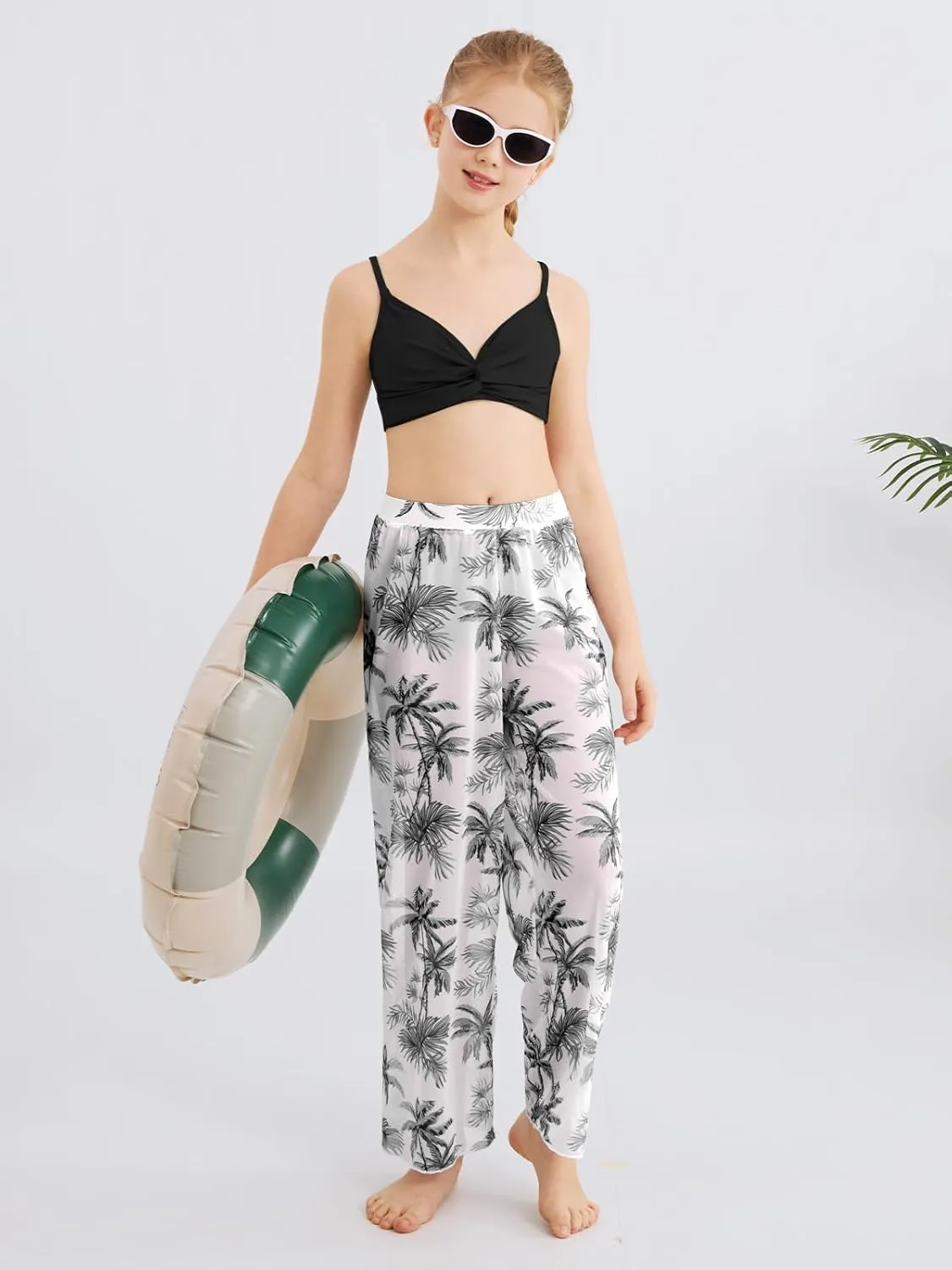 ESHOO Girls Swimsuit 3 Piece Bikini Bathing Suit Criss Cross Tropical Floral Swimwear Quick Dry Cover Up Pants 9-16Y