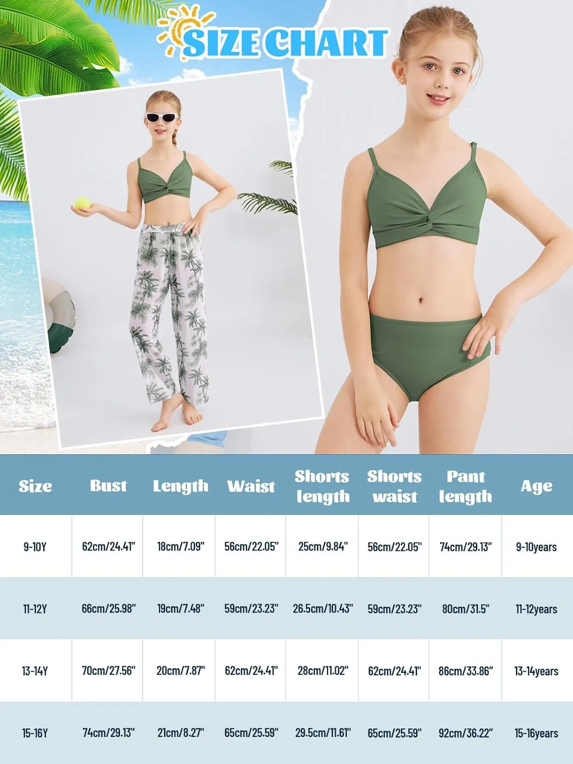 ESHOO Girls Swimsuit 3 Piece Bikini Bathing Suit Criss Cross Tropical Floral Swimwear Quick Dry Cover Up Pants 9-16Y