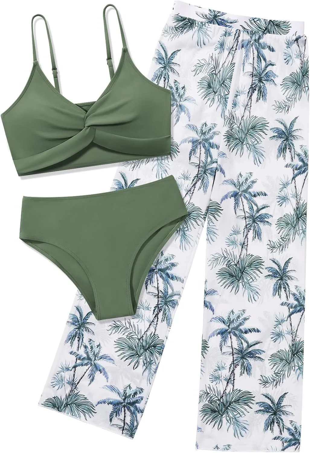 ESHOO Girls Swimsuit 3 Piece Bikini Bathing Suit Criss Cross Tropical Floral Swimwear Quick Dry Cover Up Pants 9-16Y