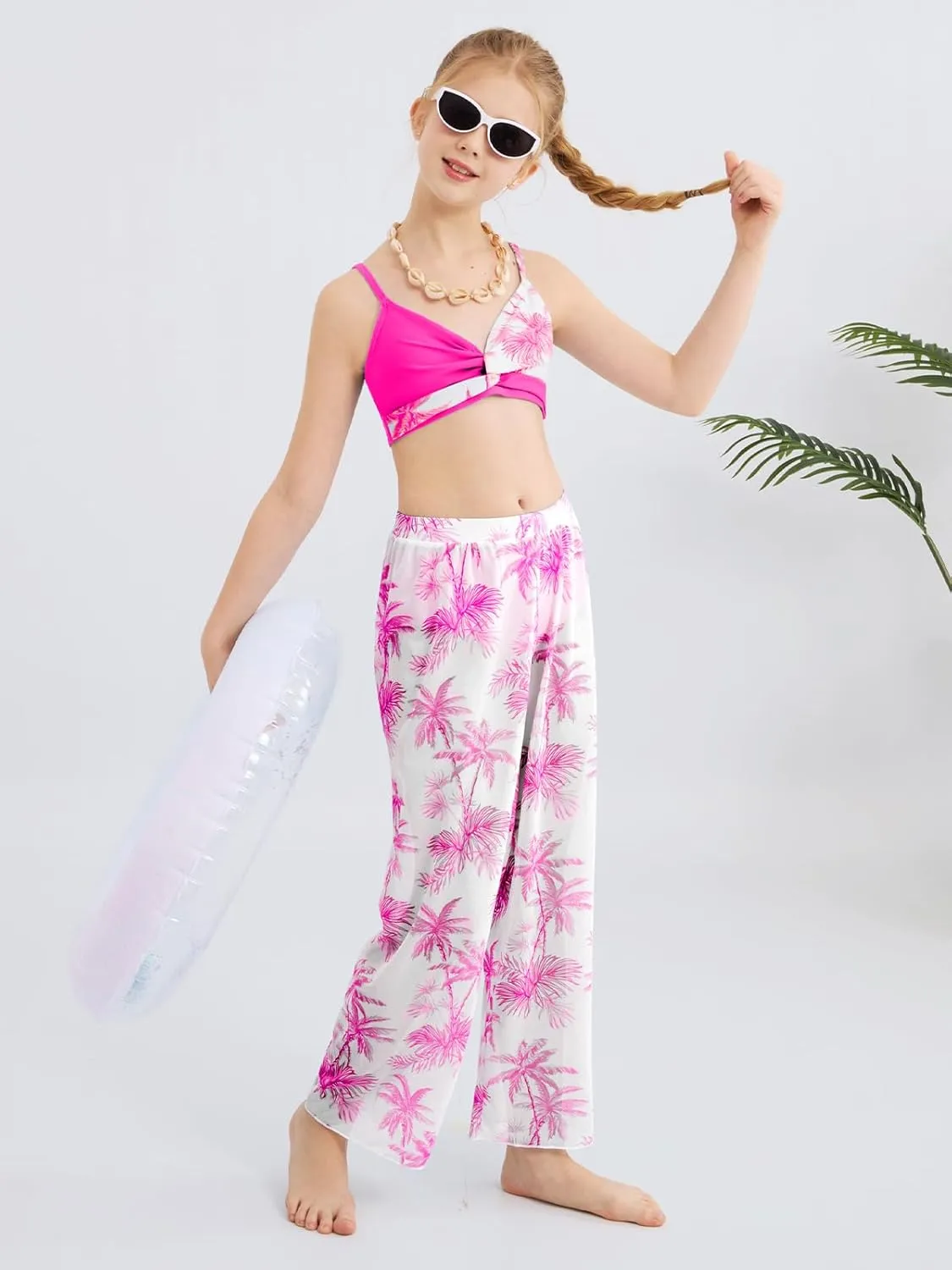 ESHOO Girls Swimsuit 3 Piece Bikini Bathing Suit Criss Cross Tropical Floral Swimwear Quick Dry Cover Up Pants 9-16Y