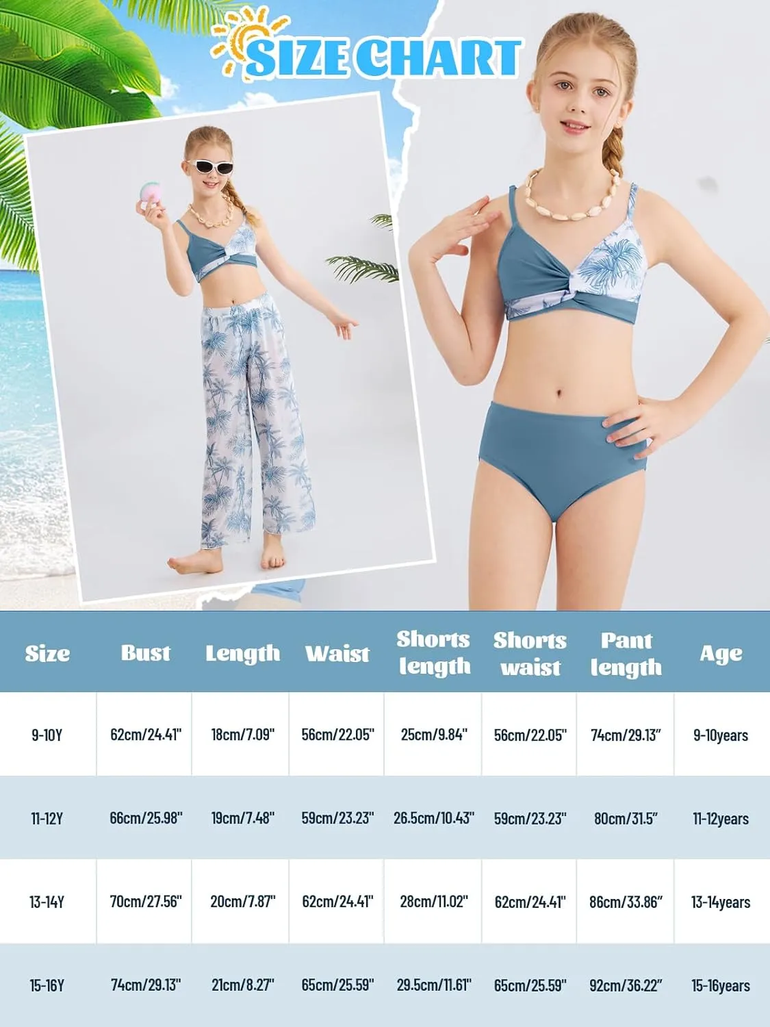 ESHOO Girls Swimsuit 3 Piece Bikini Bathing Suit Criss Cross Tropical Floral Swimwear Quick Dry Cover Up Pants 9-16Y