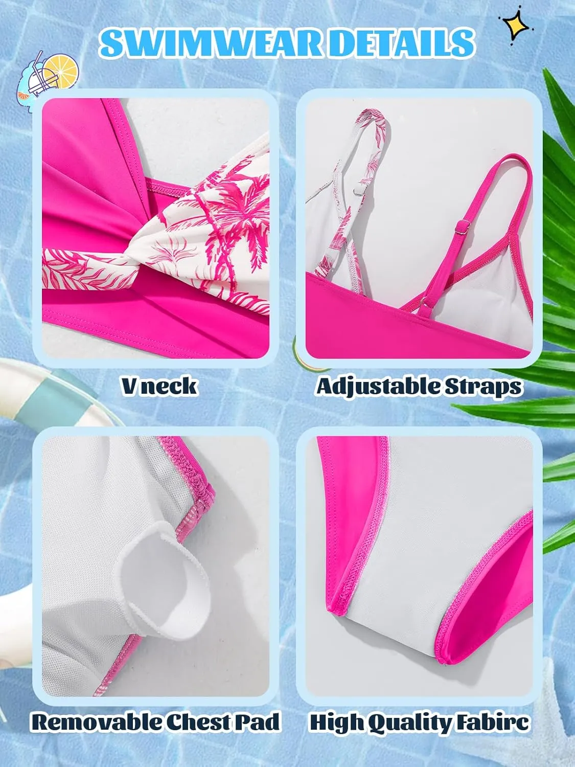 ESHOO Girls Swimsuit 3 Piece Bikini Bathing Suit Criss Cross Tropical Floral Swimwear Quick Dry Cover Up Pants 9-16Y