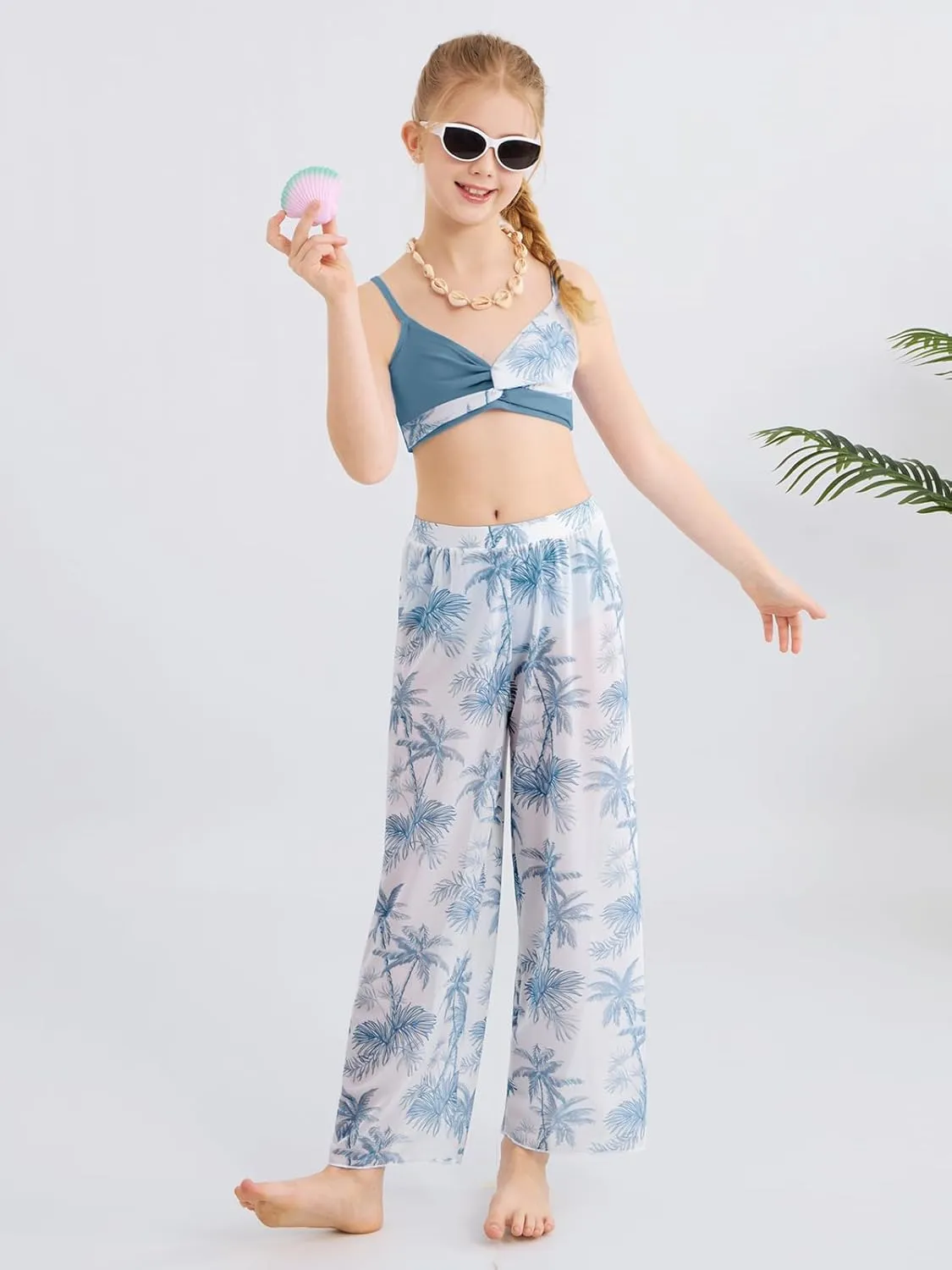 ESHOO Girls Swimsuit 3 Piece Bikini Bathing Suit Criss Cross Tropical Floral Swimwear Quick Dry Cover Up Pants 9-16Y