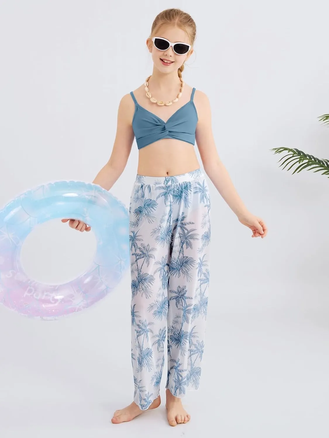 ESHOO Girls Swimsuit 3 Piece Bikini Bathing Suit Criss Cross Tropical Floral Swimwear Quick Dry Cover Up Pants 9-16Y