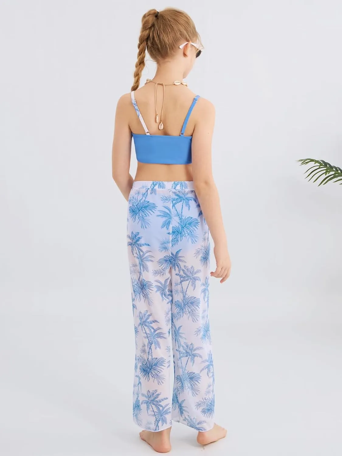 ESHOO Girls Swimsuit 3 Piece Bikini Bathing Suit Criss Cross Tropical Floral Swimwear Quick Dry Cover Up Pants 9-16Y