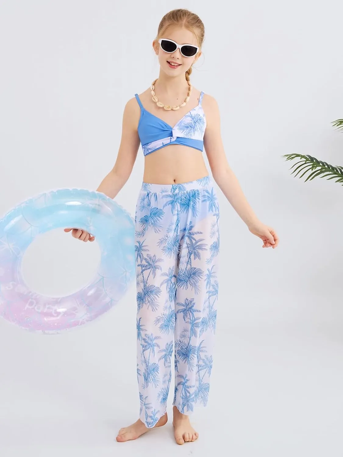 ESHOO Girls Swimsuit 3 Piece Bikini Bathing Suit Criss Cross Tropical Floral Swimwear Quick Dry Cover Up Pants 9-16Y