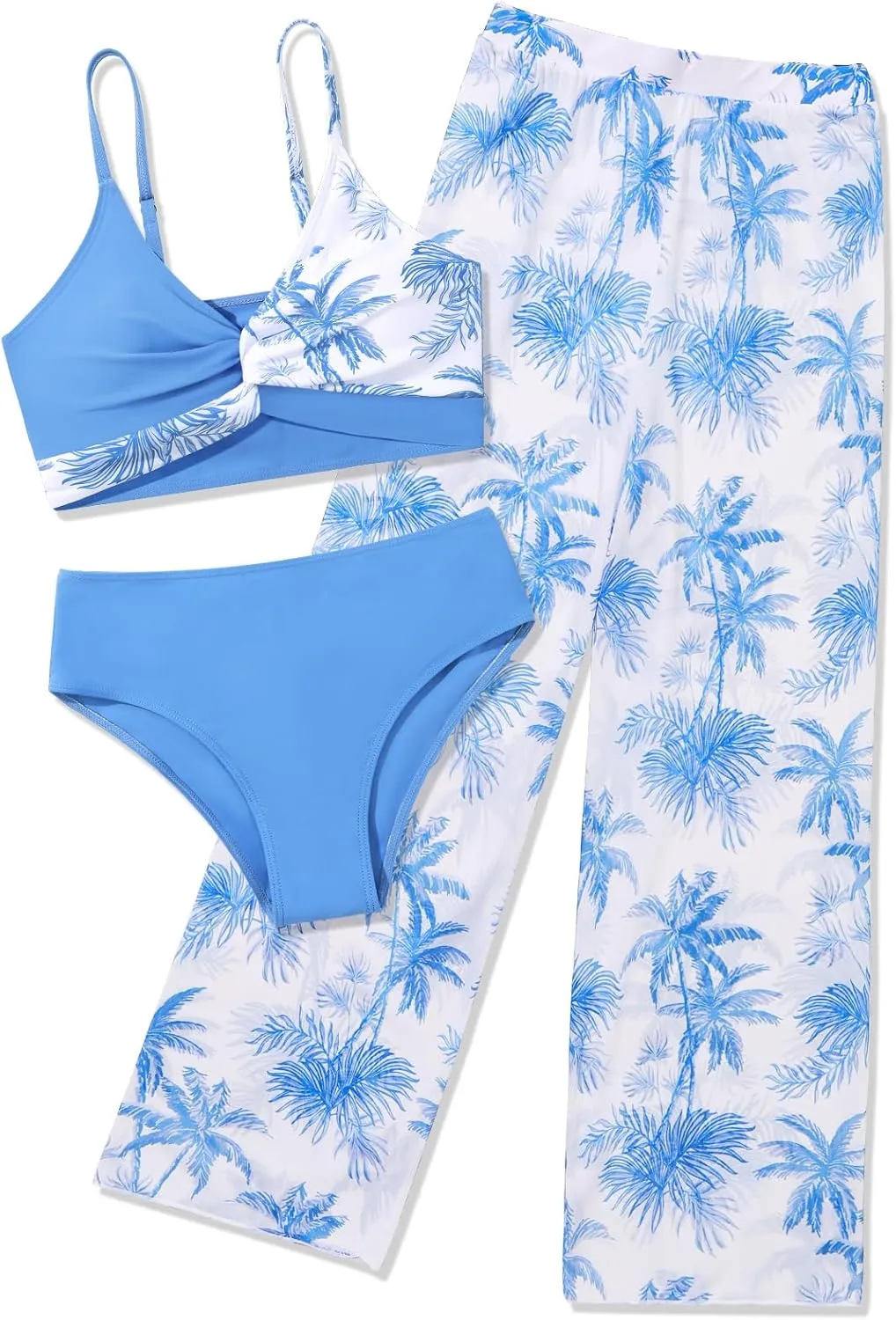 ESHOO Girls Swimsuit 3 Piece Bikini Bathing Suit Criss Cross Tropical Floral Swimwear Quick Dry Cover Up Pants 9-16Y