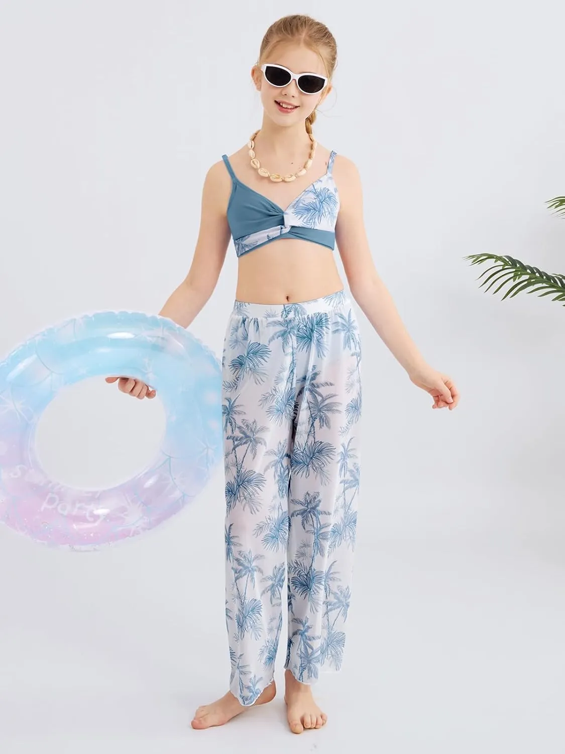 ESHOO Girls Swimsuit 3 Piece Bikini Bathing Suit Criss Cross Tropical Floral Swimwear Quick Dry Cover Up Pants 9-16Y