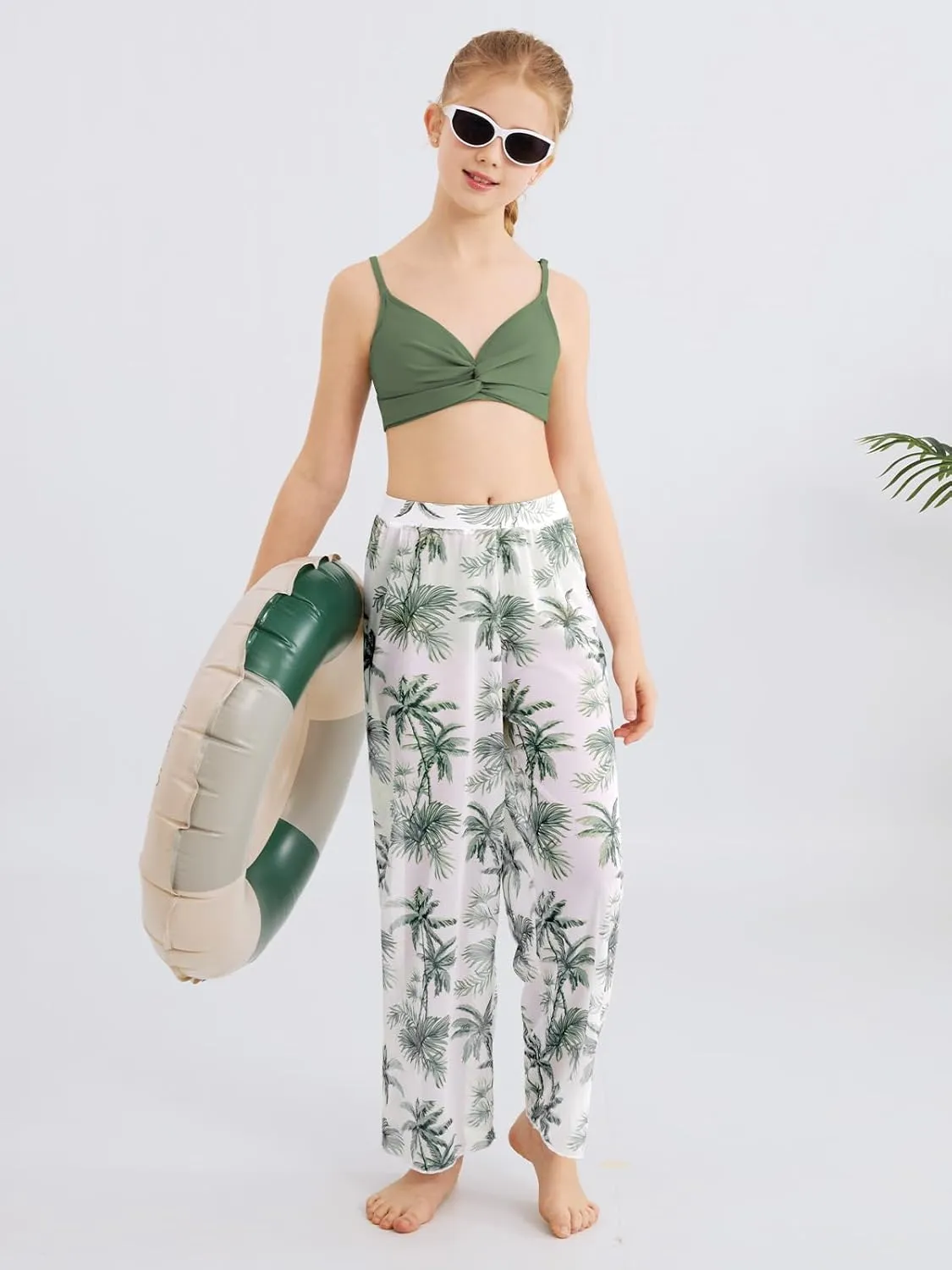 ESHOO Girls Swimsuit 3 Piece Bikini Bathing Suit Criss Cross Tropical Floral Swimwear Quick Dry Cover Up Pants 9-16Y