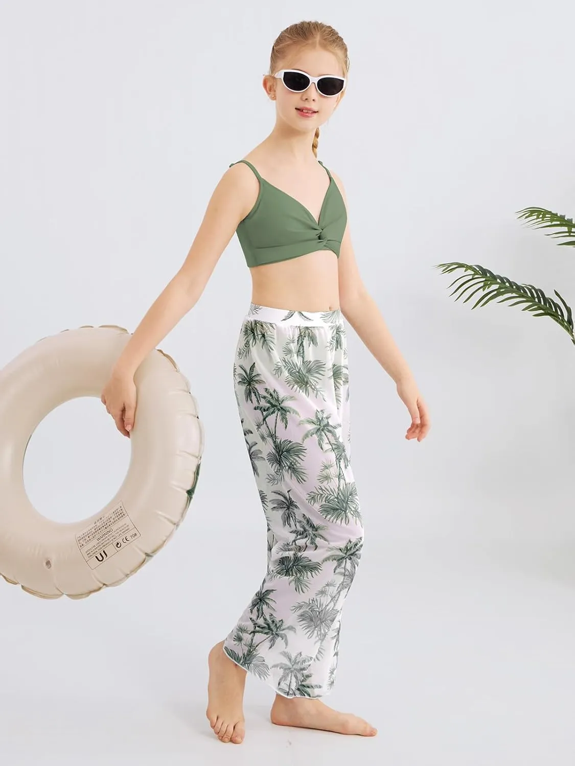 ESHOO Girls Swimsuit 3 Piece Bikini Bathing Suit Criss Cross Tropical Floral Swimwear Quick Dry Cover Up Pants 9-16Y