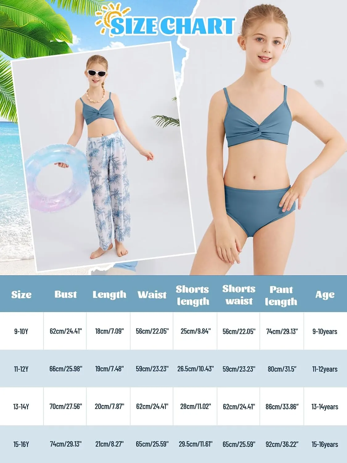 ESHOO Girls Swimsuit 3 Piece Bikini Bathing Suit Criss Cross Tropical Floral Swimwear Quick Dry Cover Up Pants 9-16Y