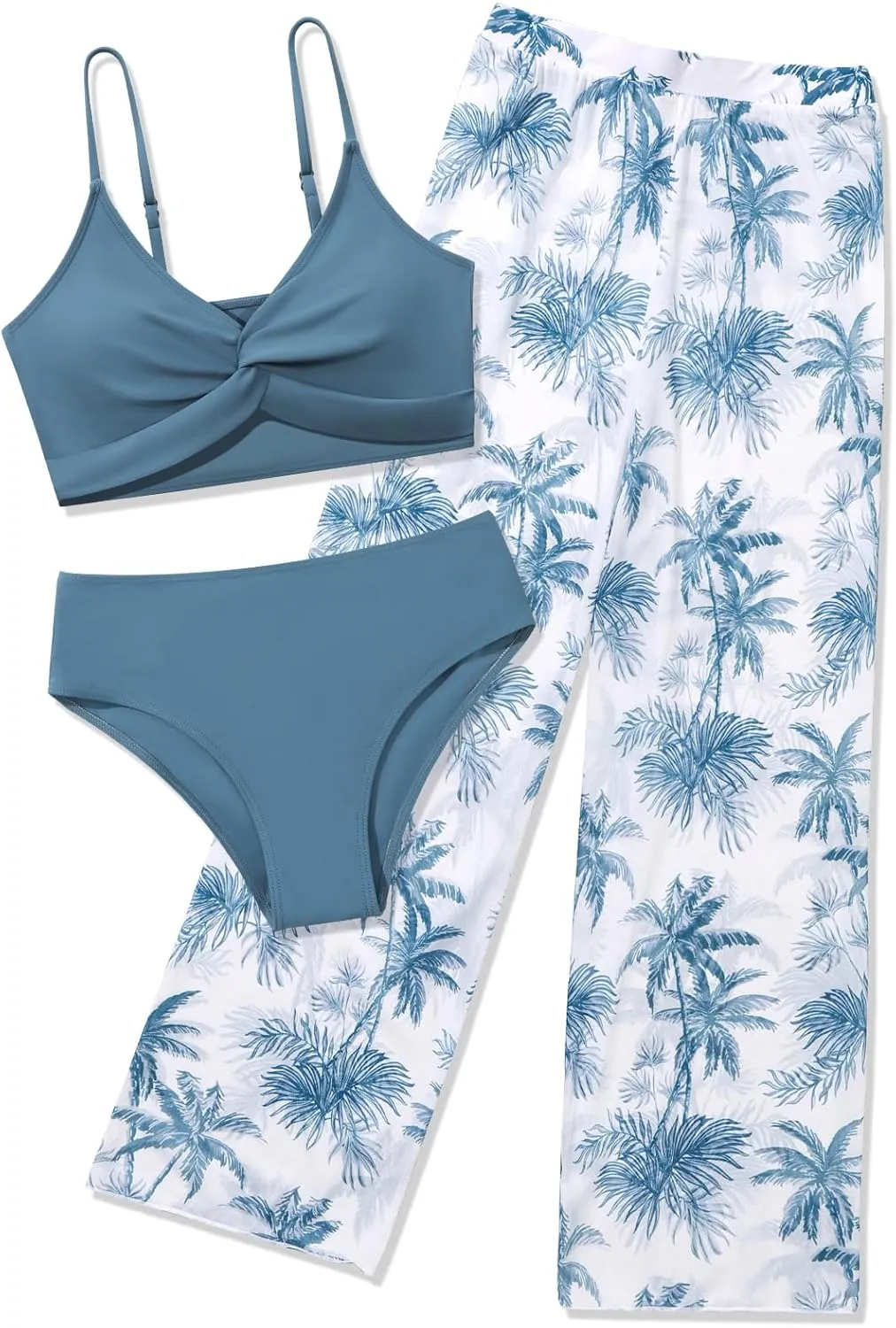 ESHOO Girls Swimsuit 3 Piece Bikini Bathing Suit Criss Cross Tropical Floral Swimwear Quick Dry Cover Up Pants 9-16Y