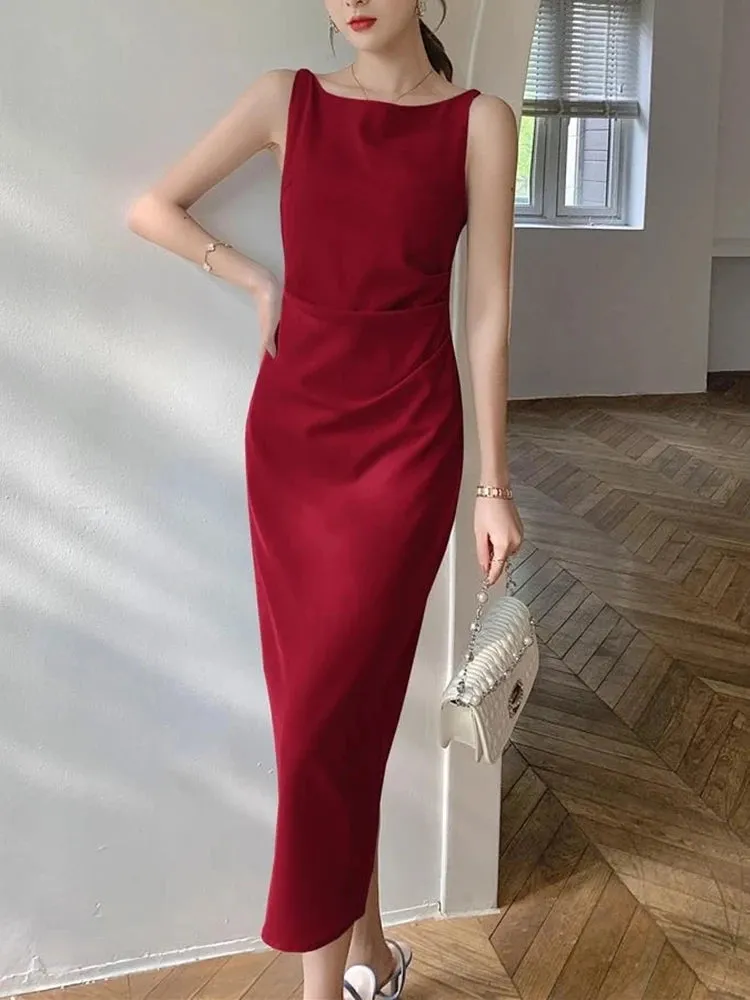 Flytonn-2024 Elegant Women Dress Sexy Sleeveless Female Harajuku Party Midi Dress Casual Sundress Vestidos Mujer