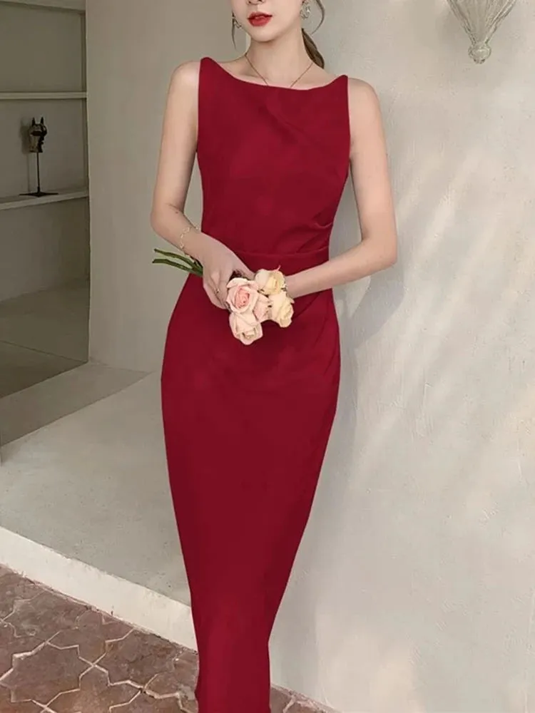 Flytonn-2024 Elegant Women Dress Sexy Sleeveless Female Harajuku Party Midi Dress Casual Sundress Vestidos Mujer