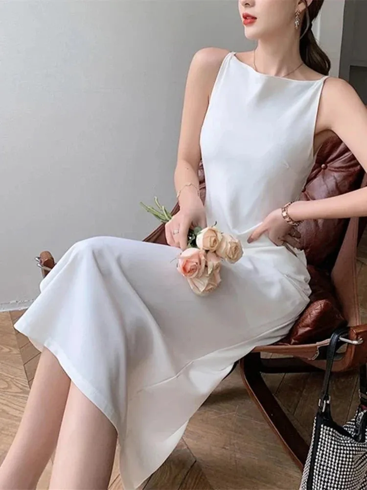 Flytonn-2024 Elegant Women Dress Sexy Sleeveless Female Harajuku Party Midi Dress Casual Sundress Vestidos Mujer