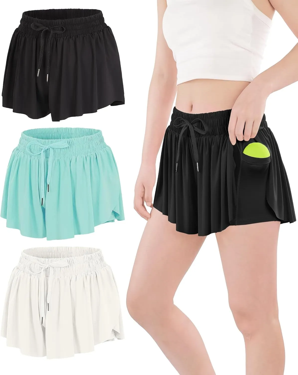 Girls Butterfly Shorts Flowy Shorts with Pocket 2-in-1 Dance Athletic Shorts for Girl 7-14 Years