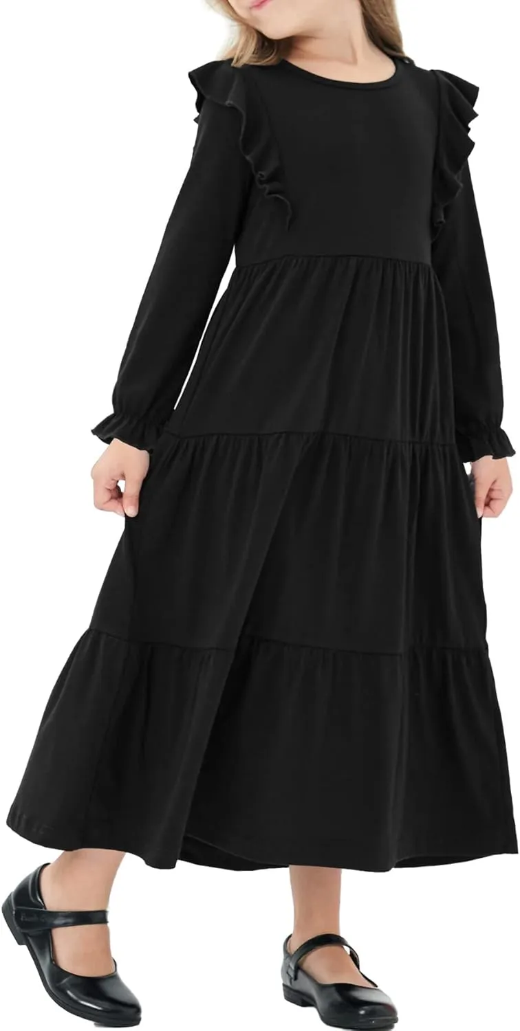 Girls Flutter Long Sleeve Casual Stretchy Tiered Flowy Maxi Fall Dress for Church 5-11 Years
