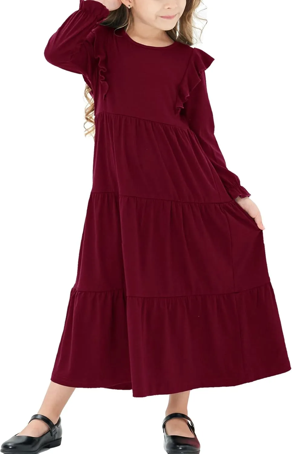 Girls Flutter Long Sleeve Casual Stretchy Tiered Flowy Maxi Fall Dress for Church 5-11 Years
