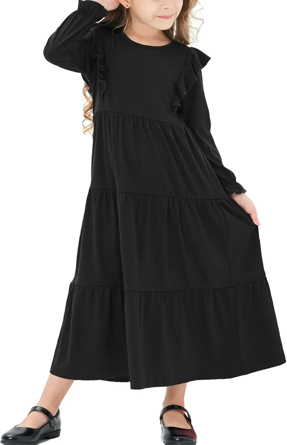 Girls Flutter Long Sleeve Casual Stretchy Tiered Flowy Maxi Fall Dress for Church 5-11 Years