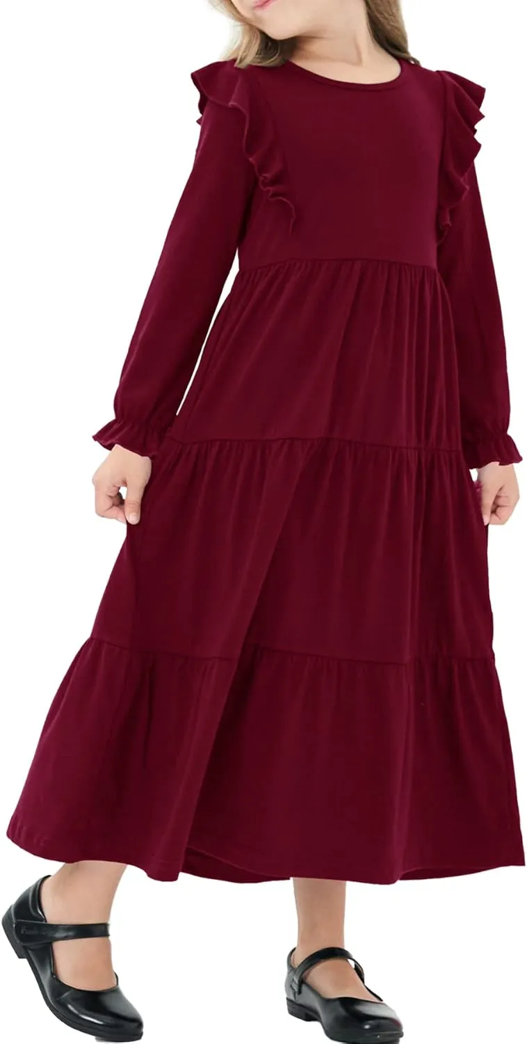 Girls Flutter Long Sleeve Casual Stretchy Tiered Flowy Maxi Fall Dress for Church 5-11 Years