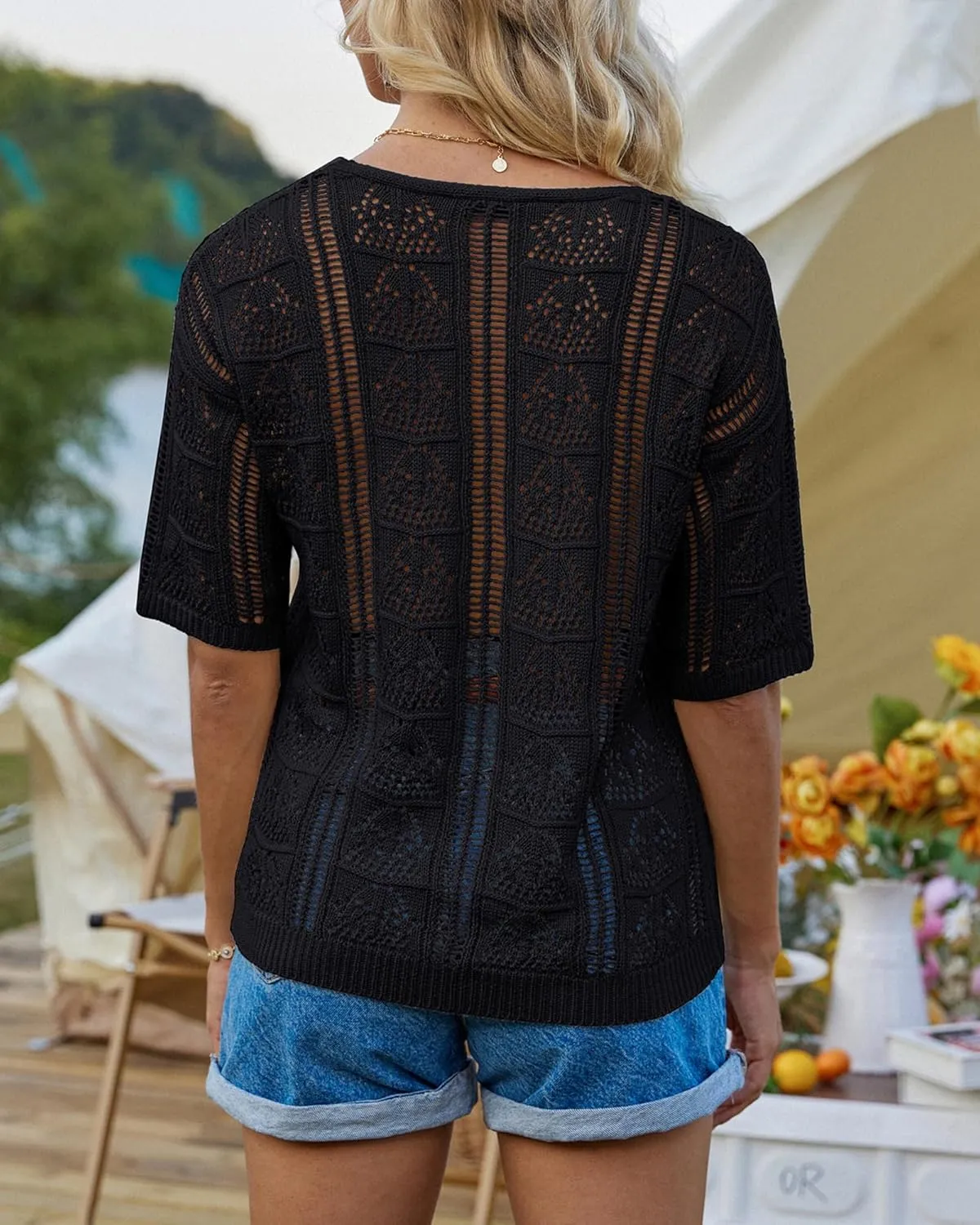 GRACE KARIN Women 2025 Summer Casual Crochet Tops Short Sleeve Sweater V Neck Hollow Out Knit Pullover Beach Coverup