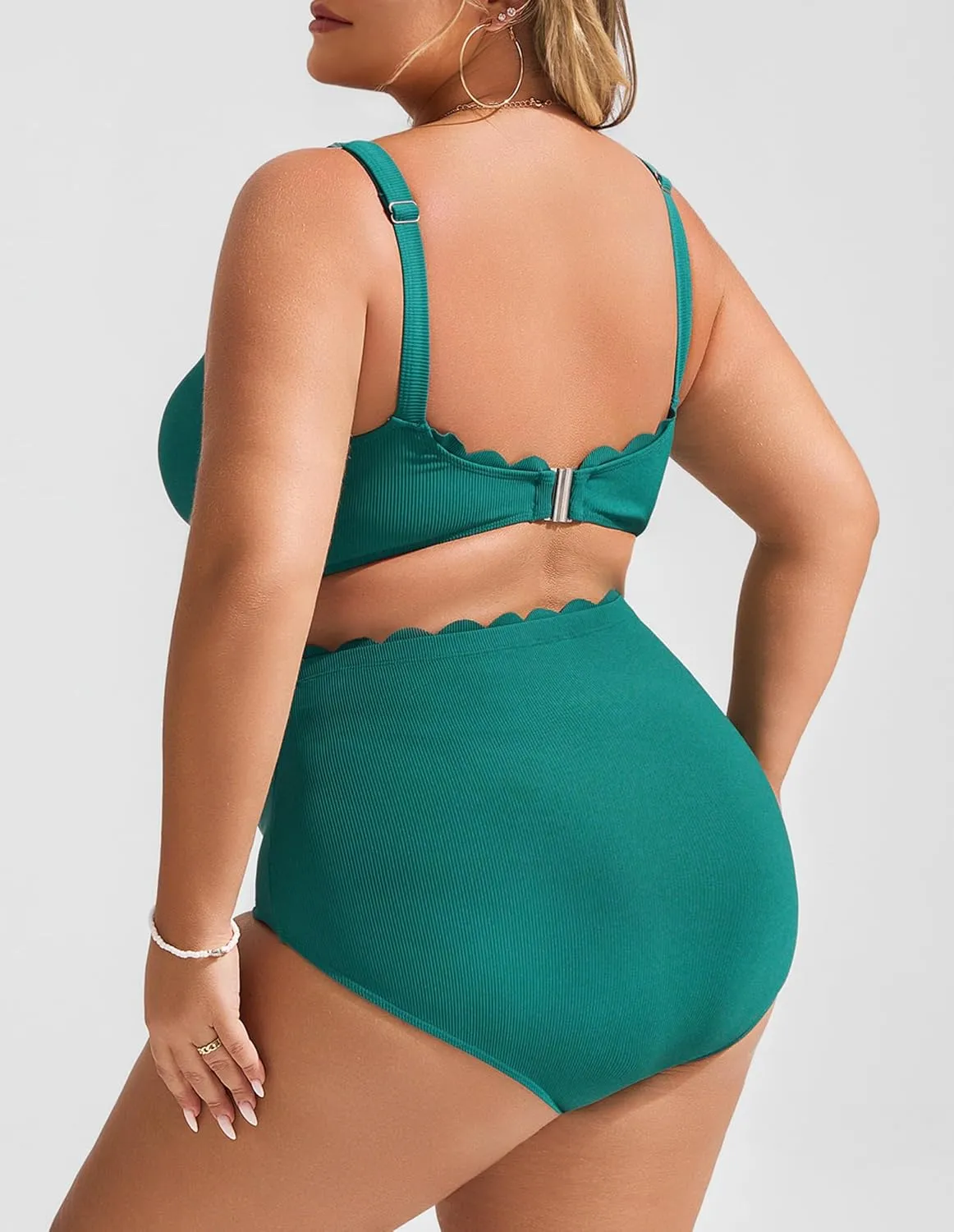 Hanna Nikole Women Plus Size High Waisted Bikini Swimsuits Ribbed Tummy Control Bikini Sets Scalloped Bathing Suits