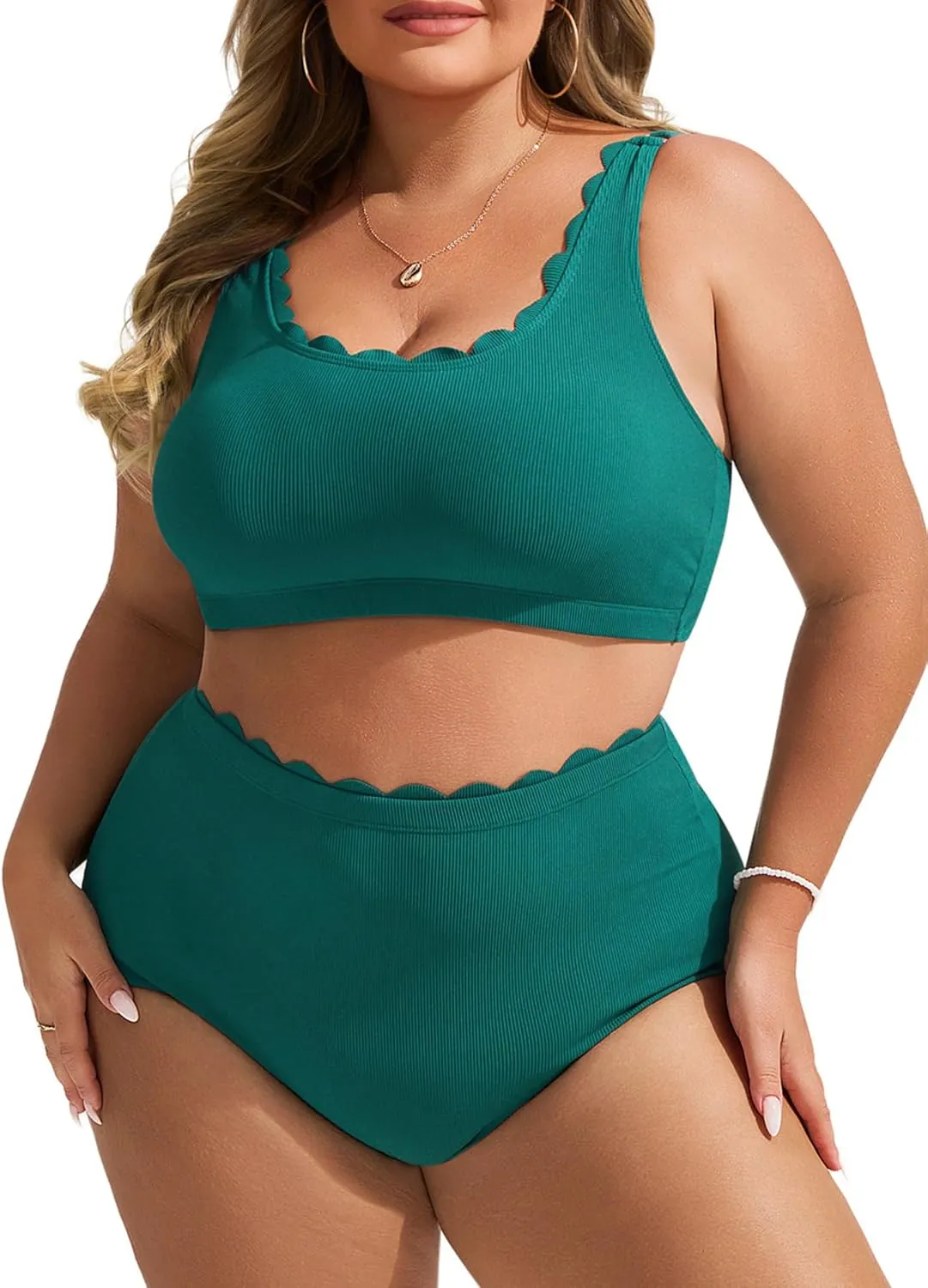 Hanna Nikole Women Plus Size High Waisted Bikini Swimsuits Ribbed Tummy Control Bikini Sets Scalloped Bathing Suits