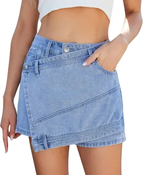 Jean Denim Skort for Womens Sexy High Waisted Asymmetrical Short Mini Skirts Vintage Mini Stretchy Cargo Shorts