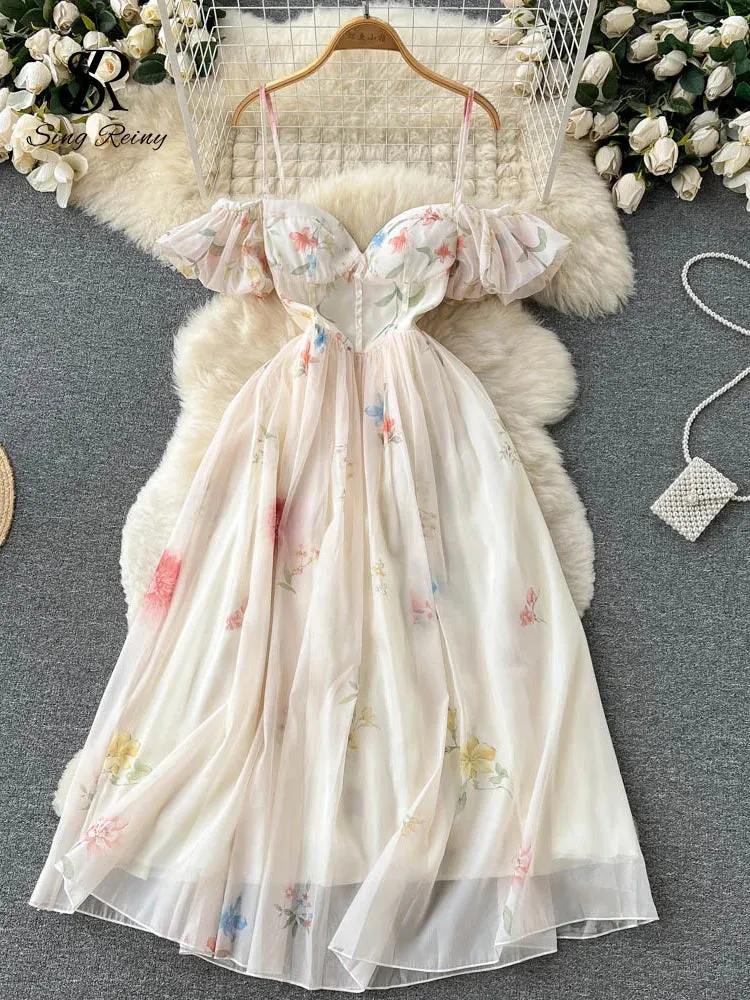 KIylethomasw Women Sexy Strap Dress Summer Elegant Strapless Corset Maxi Sundress Ladies Backless Bow Sweet Print Midi Dresses
