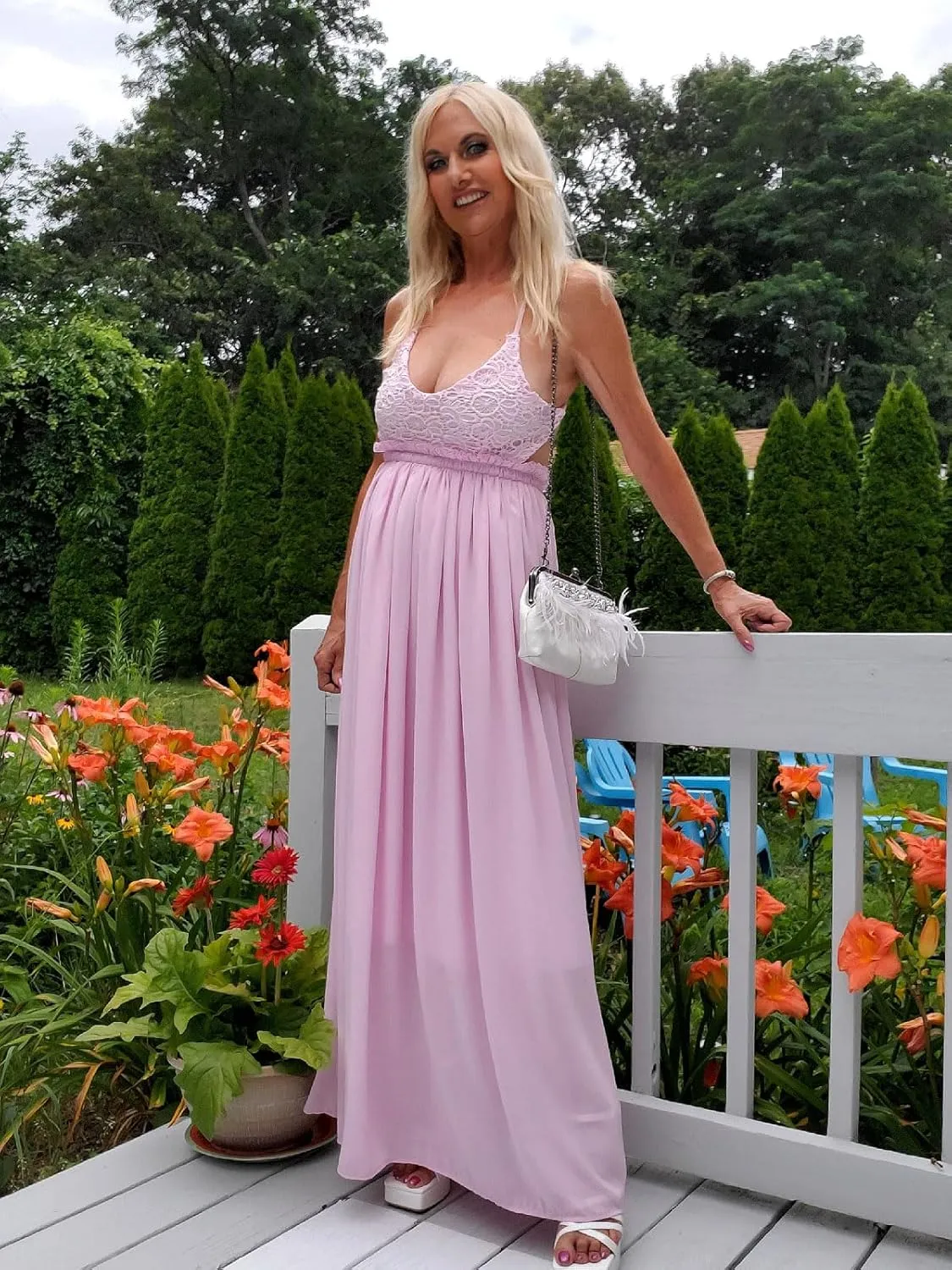 Ladmous Women's V Neck Floral Lace Wedding Dress Sleeveless Bridesmaid Evening Party Maxi Dress