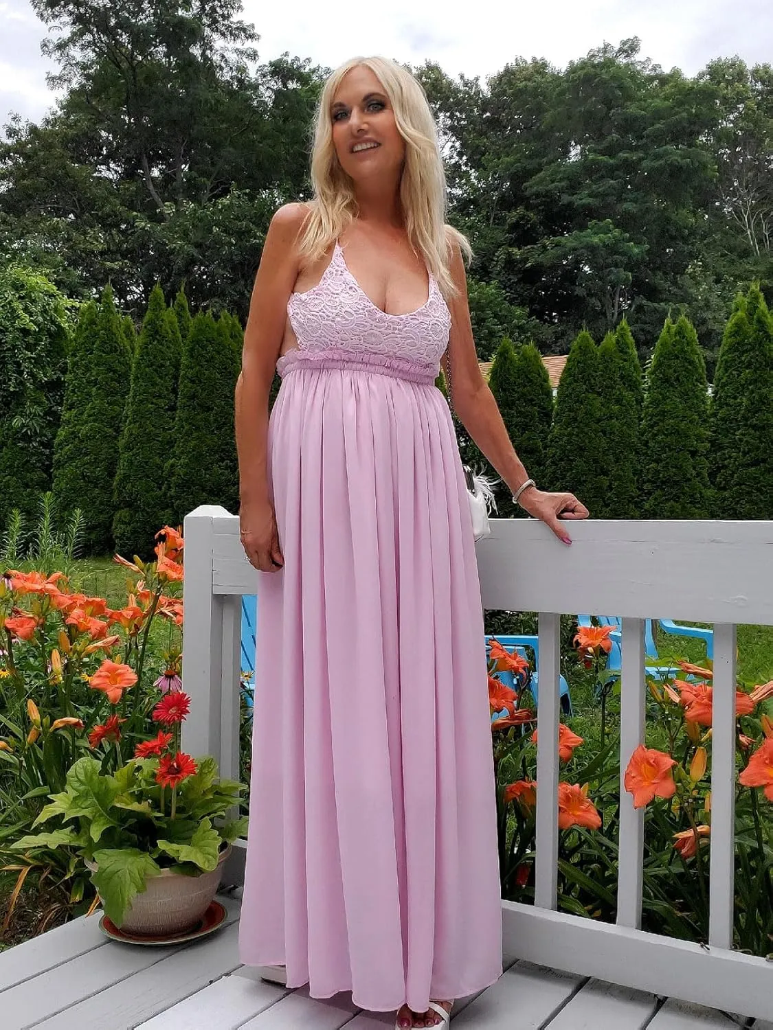 Ladmous Women's V Neck Floral Lace Wedding Dress Sleeveless Bridesmaid Evening Party Maxi Dress