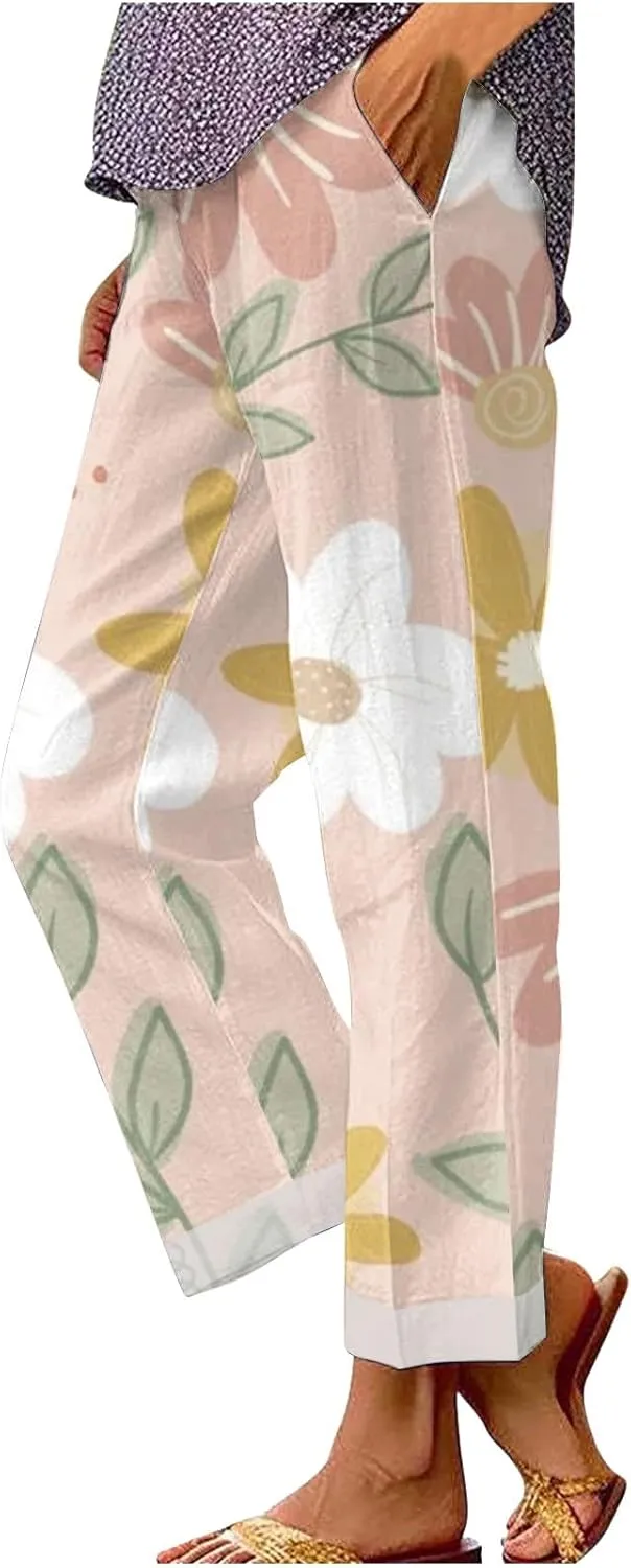 LCMTWX Women's Linen Pants Patchwork Cotton and Linen Casual Pants Casual Straight Leg Drawstring Elastic Woman Linen Pants